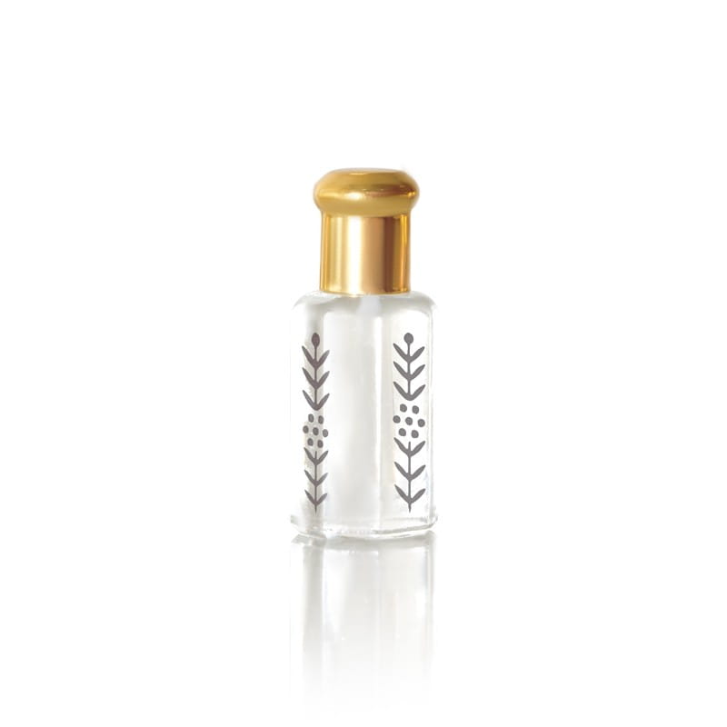 Musk Shafaf Dihn AlMubarak Perfumes Dihn a clear bottle decorated with golden patterns