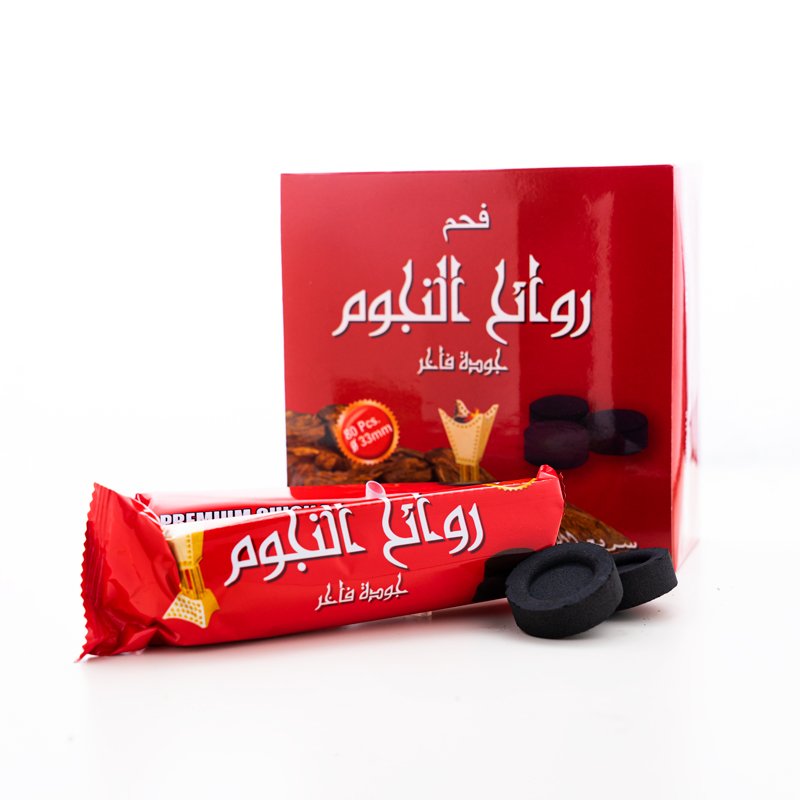 فحم روائع النجوم فحم سريع الاشتعال علبة حمراء وعبوة تحتوي على أقراص فحم دائرية سوداء