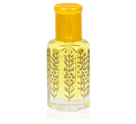 Oil perfume with a lavender Bulgarian rose and jasmine formula with a transparent bottle decorated with golden inscriptions and a golden cap