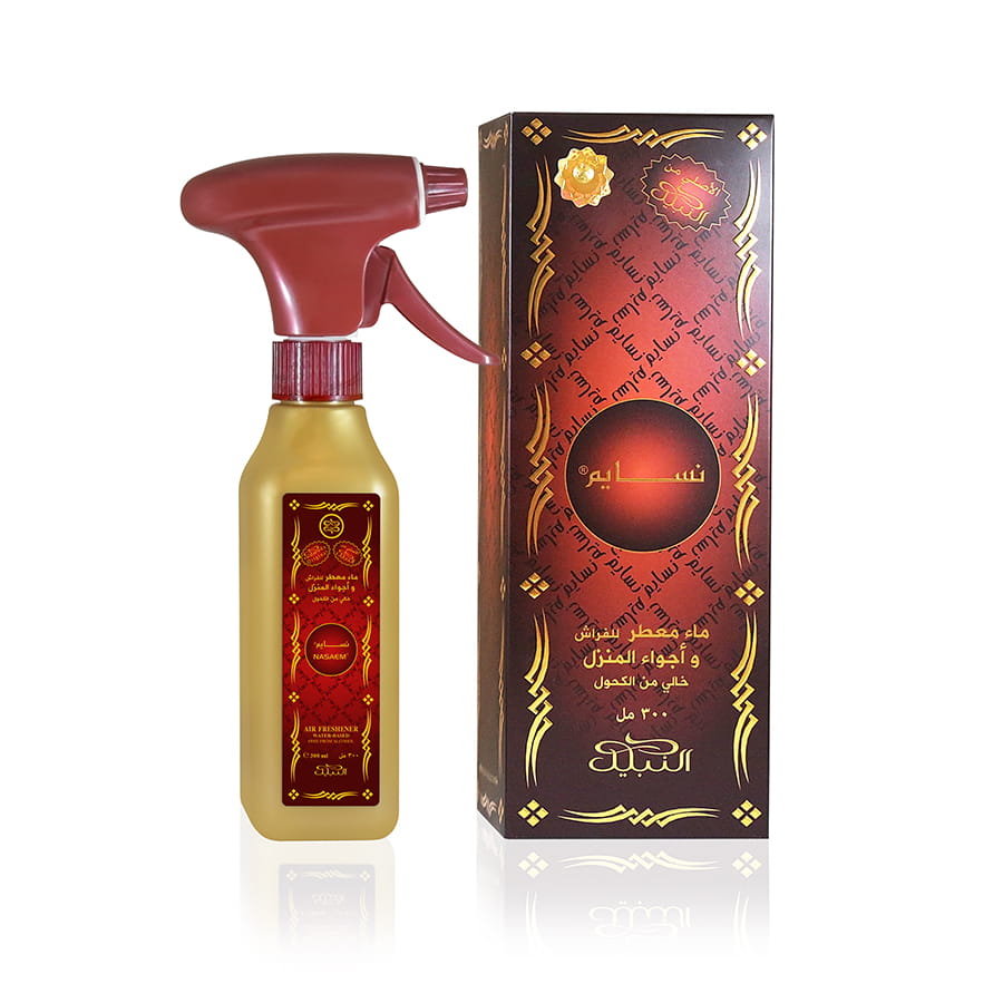نسايم 300 مل النبيل معطر مفارش علبة ذهبية اللون مع بخاخ أحمر بجانب صندوق مزخرف