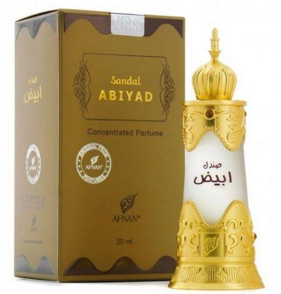 Sandal Abyad 20ml Afnan Concentrated Perfume golden box and white perfume bottle with luxurious golden cap