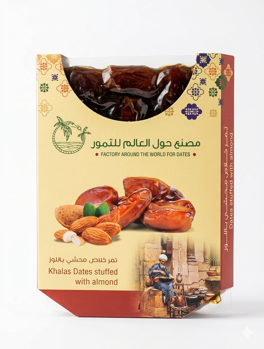 تمر خلاص محشي باللوز 500 غرام - مصنع حول العالم للتمور
