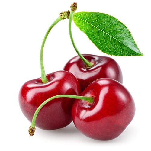 زيت عطري الكرز غير محدد العلامة التجارية زيت عطري صورة مقربة لثلاث حبات كرز حمراء لامعة مع سيقان وأوراق خضراء
