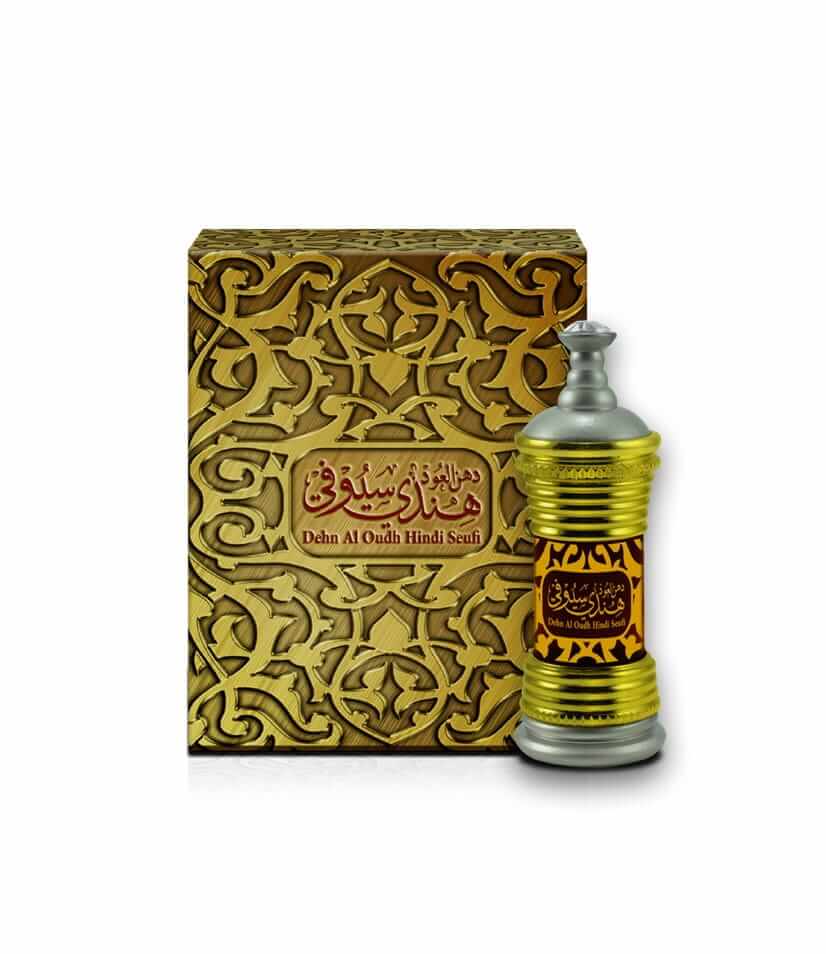 دهن العود هندي سيوفي من إنتاج أحمد المغربي زجاجة عطر ذهبية وفضية مزخرفة وصندوق ذهبي بنقوش معقدة