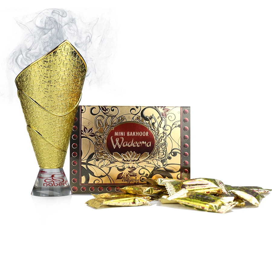 Wadeema Mini Bakhoor by Nabeel Perfumes Bakhoor ornate golden box wrapped bakhoor pieces elegant golden burner