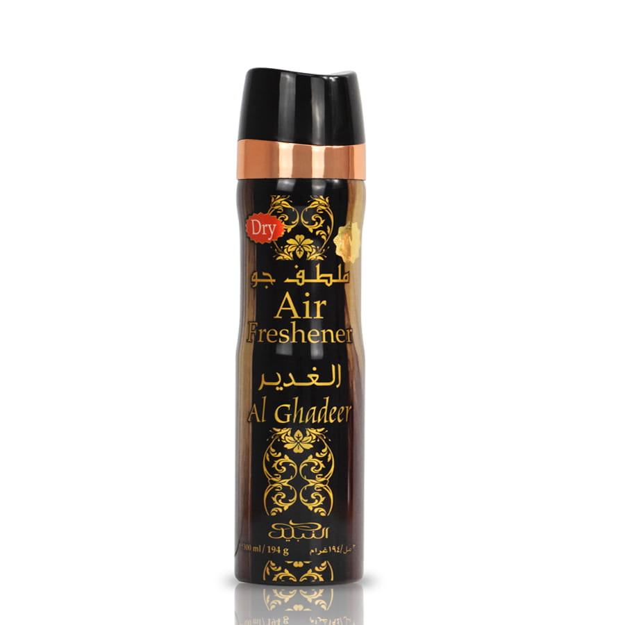 معطر جو الغدير من النبيل حجم 300 مل194 جرام عبوة سوداء مزينة بنقوش ذهبية أنيقة