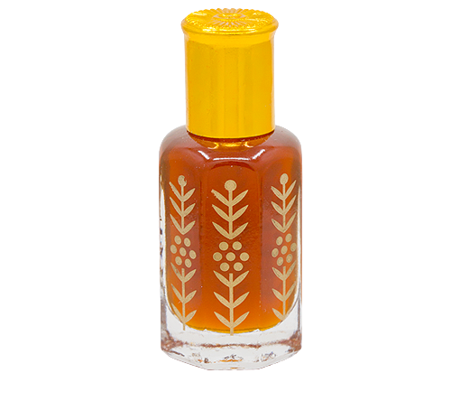 دهن عطر في زجاجة مزخرفة بغطاء ذهبي