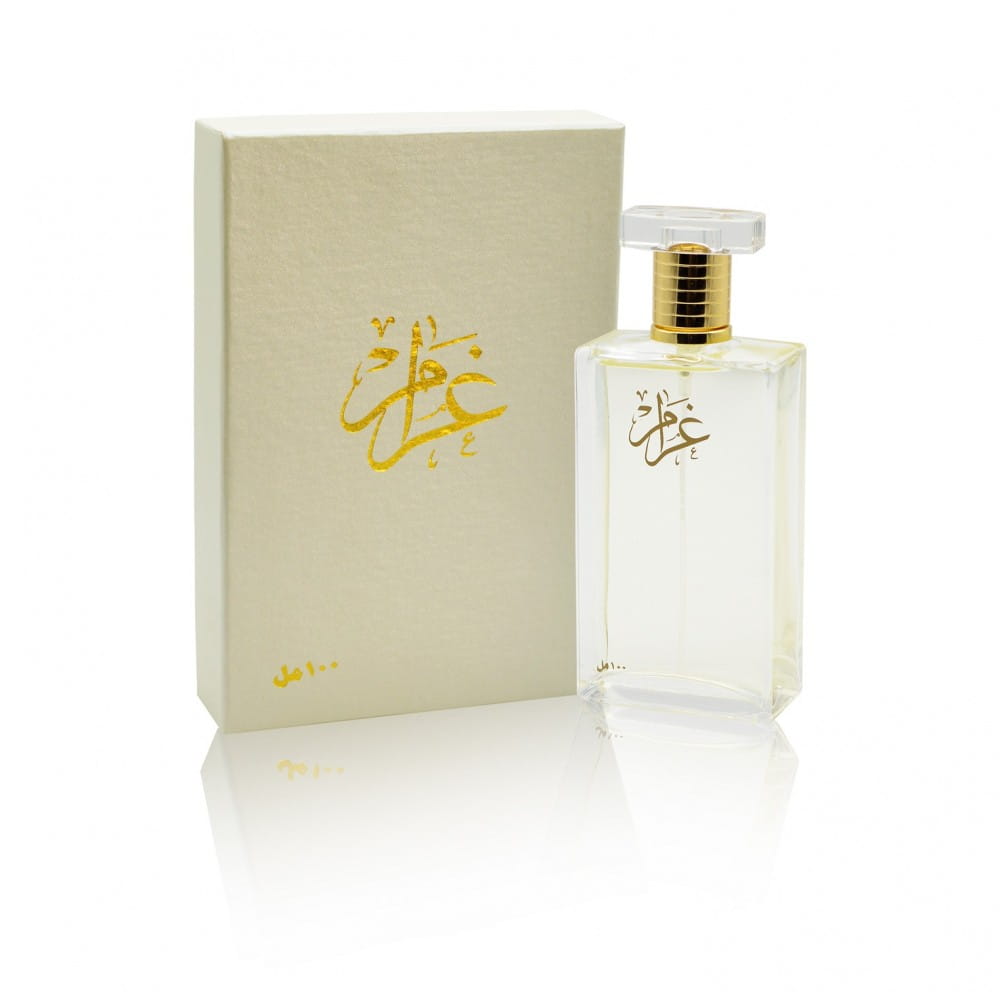 عطر فرنسي عطر 100 مل علبة عطر بيضاء وكتابة ذهبية وزجاجة عطر شفافة