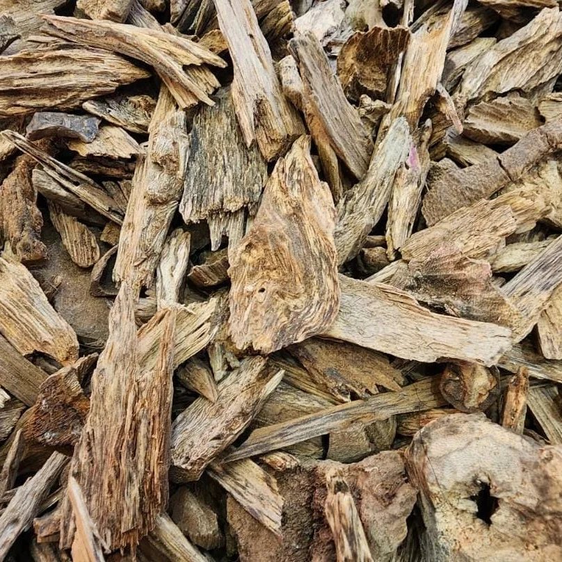 Kalimantan Natural Oud Bakhoor starts selling from a quarter ounce closeup image of a quantity of light brown and rough oud pieces