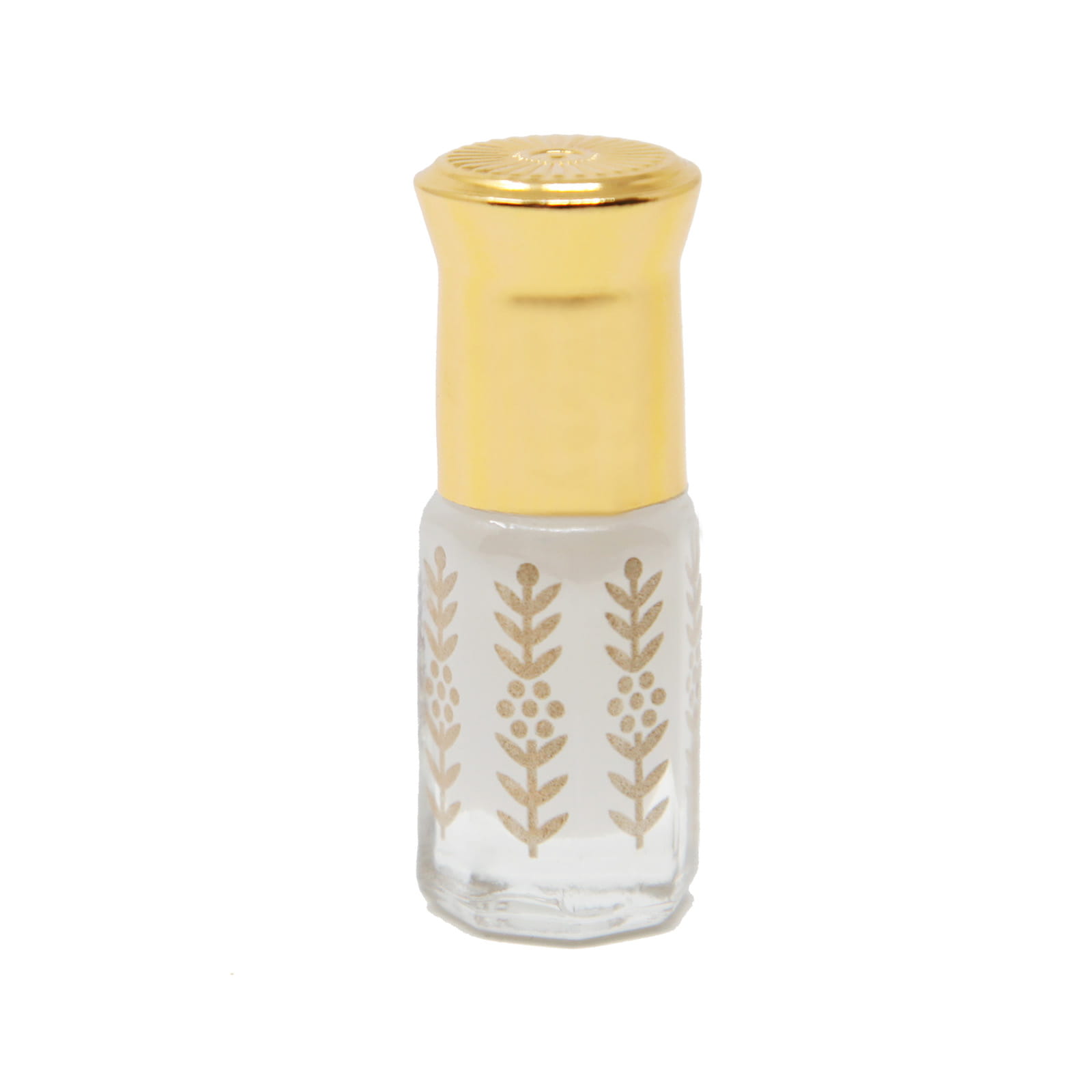 Goldencolored perfume oil in a clear bottle adorned with golden patterns