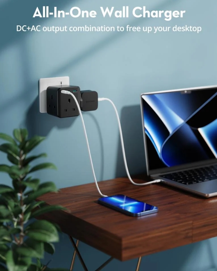  فيش راف باور بايونير 3 مداخل طاقه ثلاثيه مع منفذين USB ومنفذ تايب سي بتقنية PD بقوة 20 واط ميني - اسود 