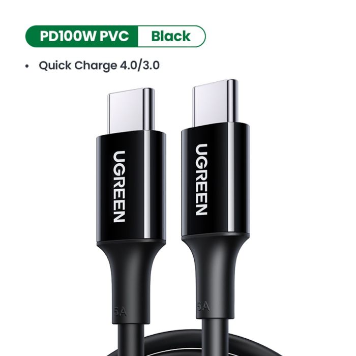 يوجرين سلك شاحن من USB-C الي USB-C بطول 2م بقوة 100 واط-اسود 