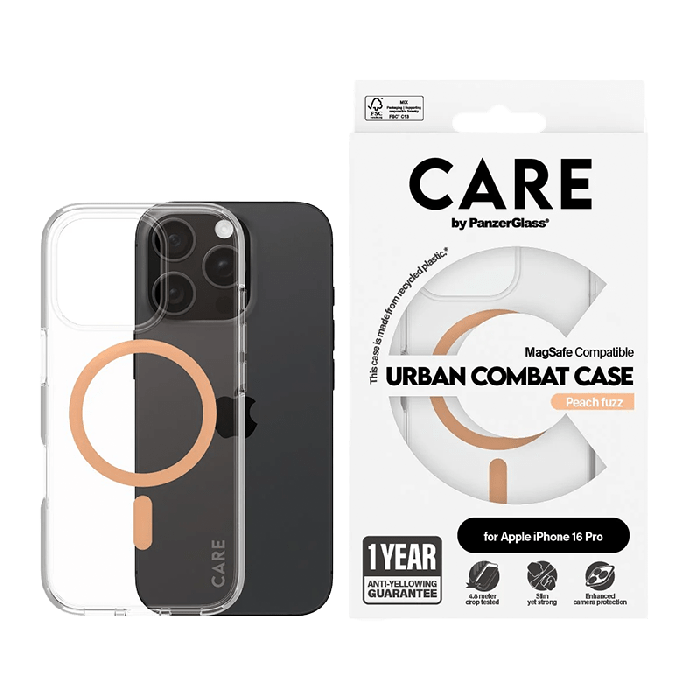  جراب PanzerGlass CARE الرائد مع MagSafe لهاتف iPhone 16 Pro - شفاف بلون الخوخ 