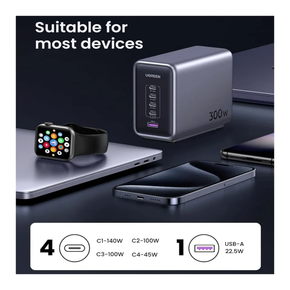  شاحن مكتبي GaN بـ 4 منافذ USB-C ومنفذ USB بقوة 300 واط - رمادي - UGREEN 