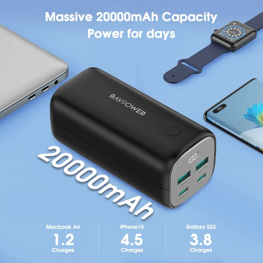  راف باور بطارية متنقلة بقوة 70 واط -PD -  بسعة 20000 ملي امبير منفذين تايب سي ومنفذين USB-A - اسود 