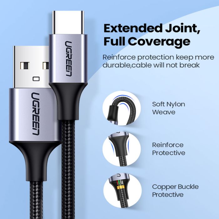  كيبل يوجرين USB-A to USB-C بطول 3 متر قماش - أسود 