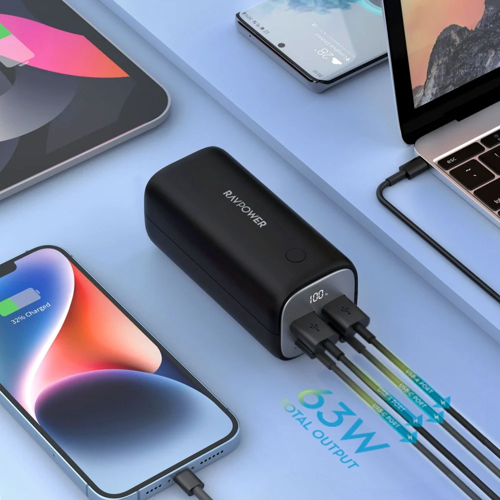  راف باور بطارية متنقلة بقوة 70 واط -PD -  بسعة 20000 ملي امبير منفذين تايب سي ومنفذين USB-A - اسود 