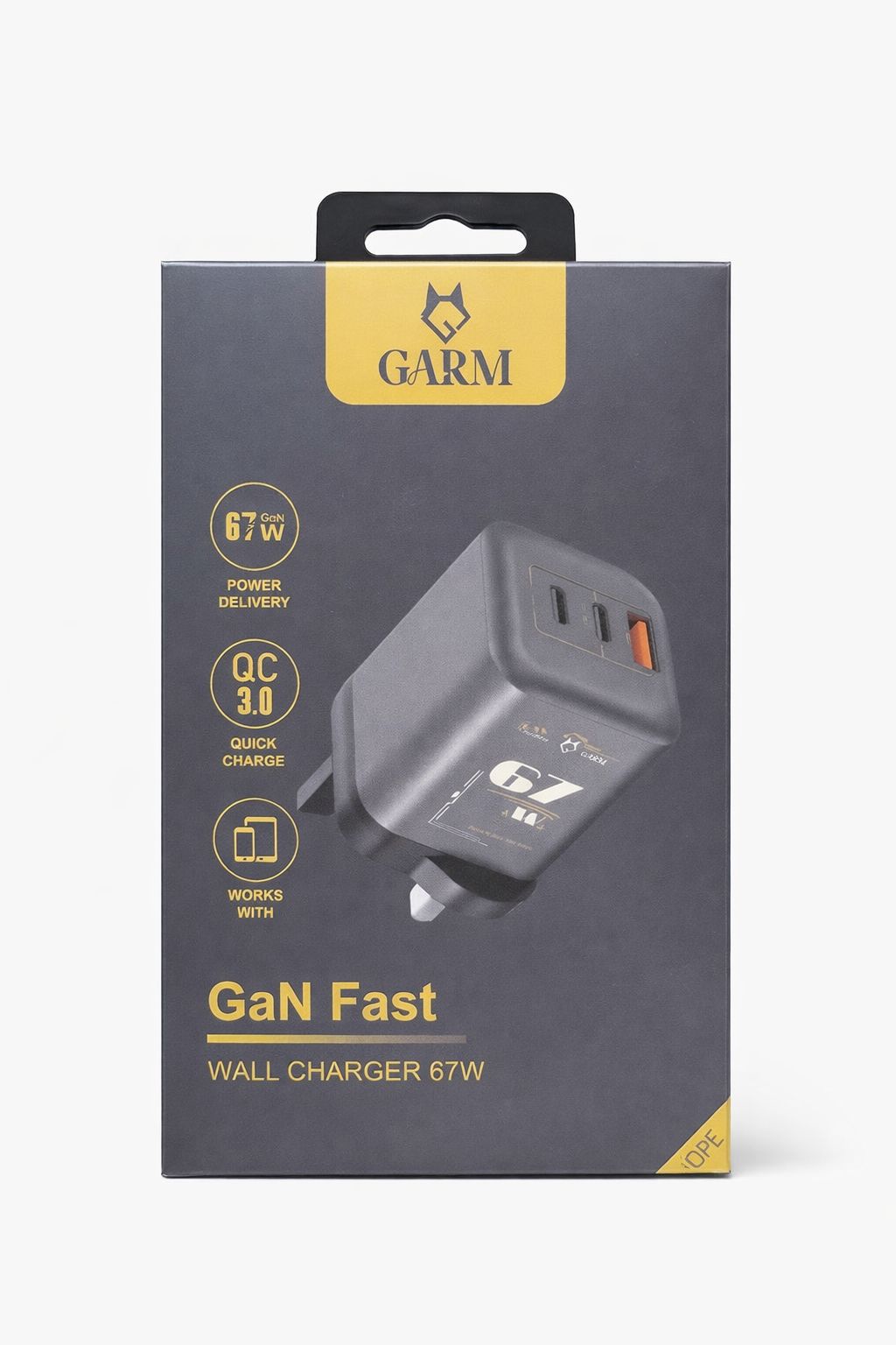  قرم شاحن جداري  بقوة 67 واط بتقنية الجان مخرجين تايب سي  ومخرج USB 