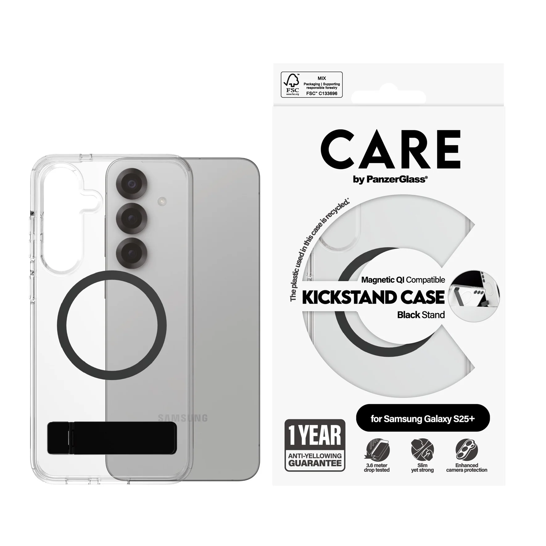  جراب CARE™ من PanzerGlass® شفاف مع مسند أسود وحامل لاسلكي متوافق مع سامسونج جالاكسي S25+ 