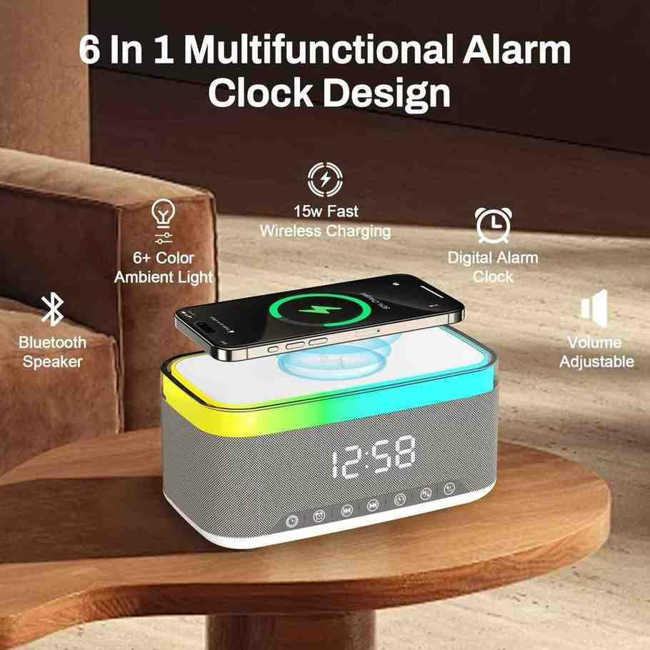  موج ماكس مكبر صوت بلوتوث مضيء مع شاحن لاسلكي وساعة رقمية. 