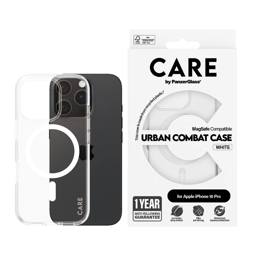  جراب CARE™ من PanzerGlass® Urban Combat الشفاف مع MagSafe أبيض لهاتف iPhone 16 Pro 