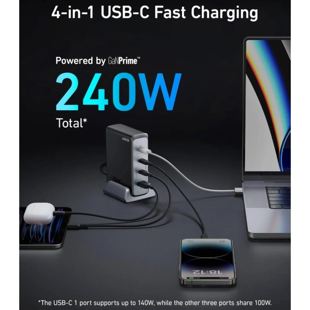  انكر - منصة شحن بـ4 منافذ طاقة بقوة 240 واط بـ3 منافذ تايب سي و منفذ USB - اسود 