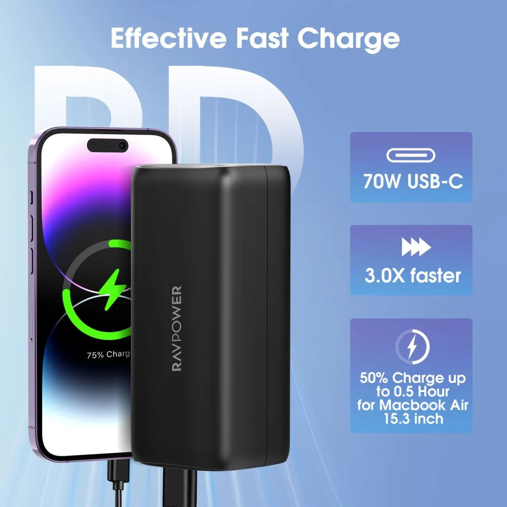  راف باور بطارية متنقلة بقوة 70 واط -PD -  بسعة 20000 ملي امبير منفذين تايب سي ومنفذين USB-A - اسود 