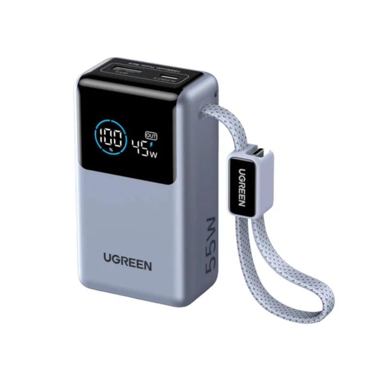 شاشة NEXODE Pro الذكية بحجم 55 واط من UGREEN 10000mAh، بنك طاقة صغير مع كابل Type-C مدمج – رمادي 