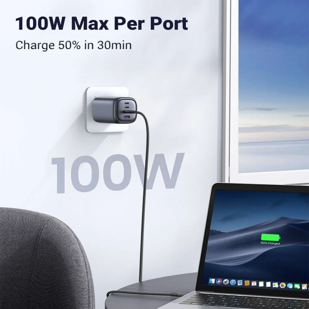  يوجرين شاحن جداري 100 واط 3 مخارج PD ومخرج يو اس بي أسود 