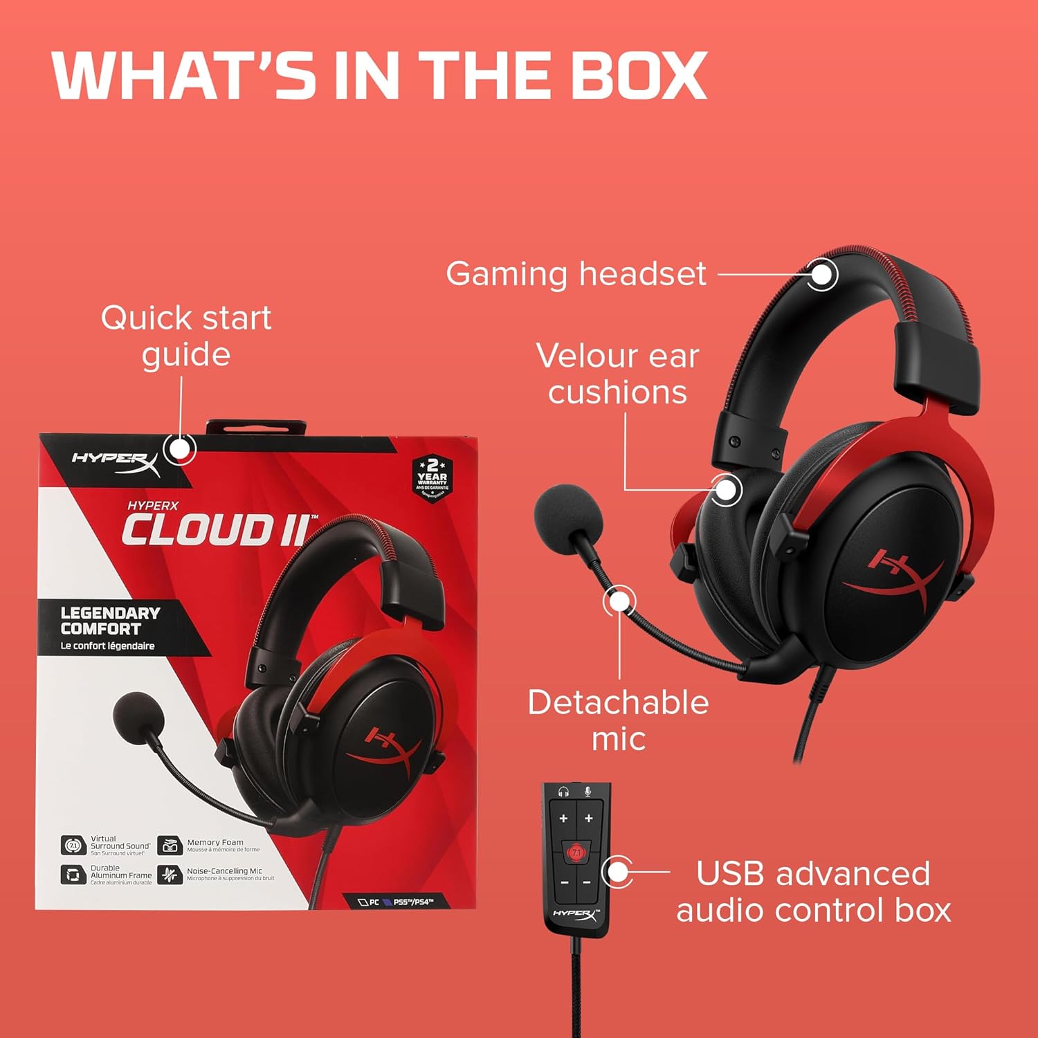  HyperX Cloud II - سماعات رأس للألعاب، صوت محيطي افتراضي 7.1، وسائد أذن من فوم متكيّف، إطار من الألومنيوم المتين، ميكروفون قابل للفصل، تعمل مع أجهزة الكمبيوتر الشخصي وPS5 وPS4 وسلسلة إكس بوكس X|S وإكس بوكس وان – باللون الأحمر 