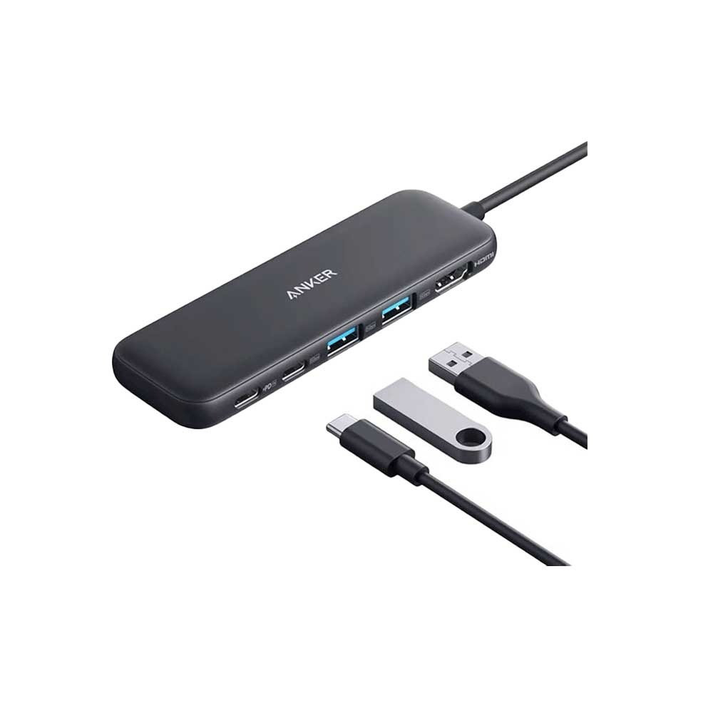  أنكر موزع متعدد المنافذ 5 في 1 منفذين USB-A , منفذ USB-C , منفذ HDMI , منفذ PD IN - رمادي 