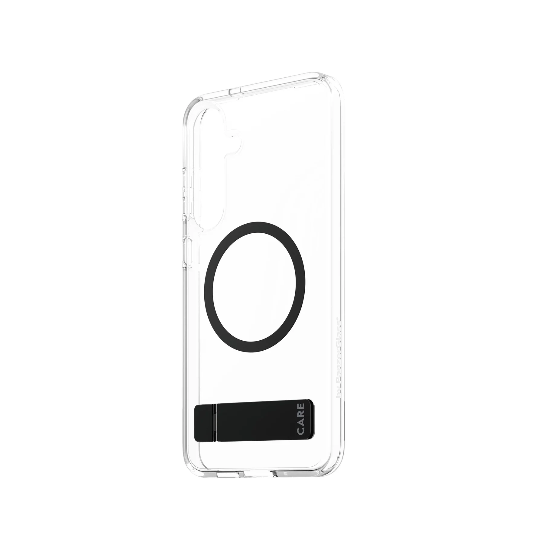  جراب CARE™ من PanzerGlass® شفاف مع مسند أسود وحامل لاسلكي متوافق مع سامسونج جالاكسي S25+ 