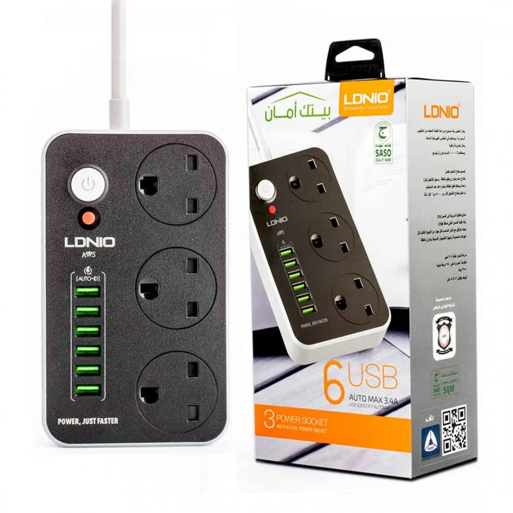  لدنيو توصيلة كهربائية LDNIO SC3604 5M مقاومة للحريق بثلاثة مقابس و 6 منافذ USB 