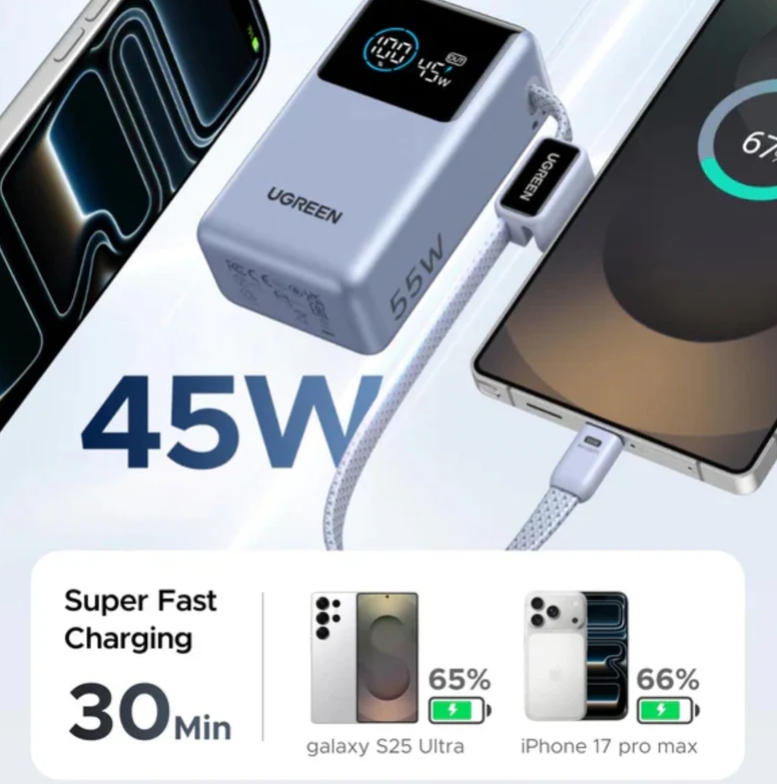  شاشة NEXODE Pro الذكية بحجم 55 واط من UGREEN 10000mAh، بنك طاقة صغير مع كابل Type-C مدمج – رمادي 