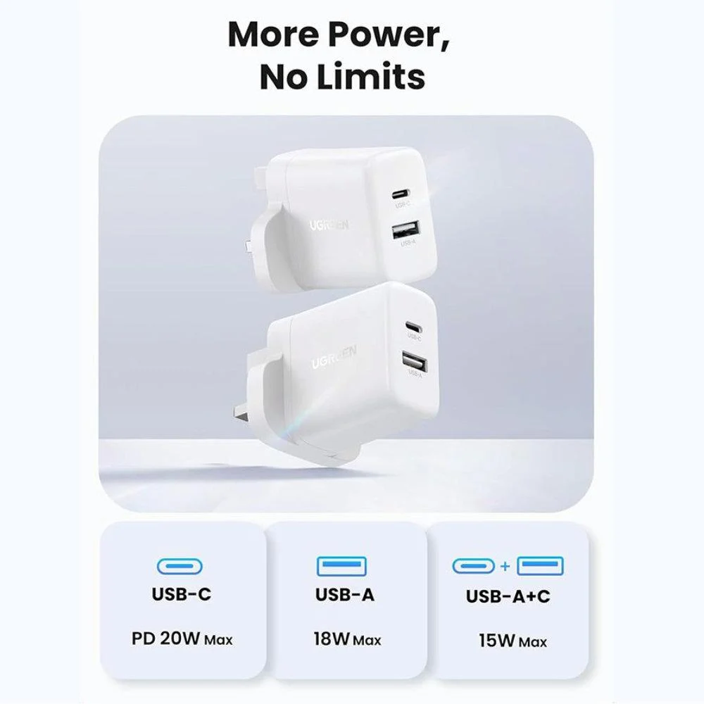  يوجرين - شاحن جداري بمنفذ USB-C ومنفذ USB وبقوة 20 واط 