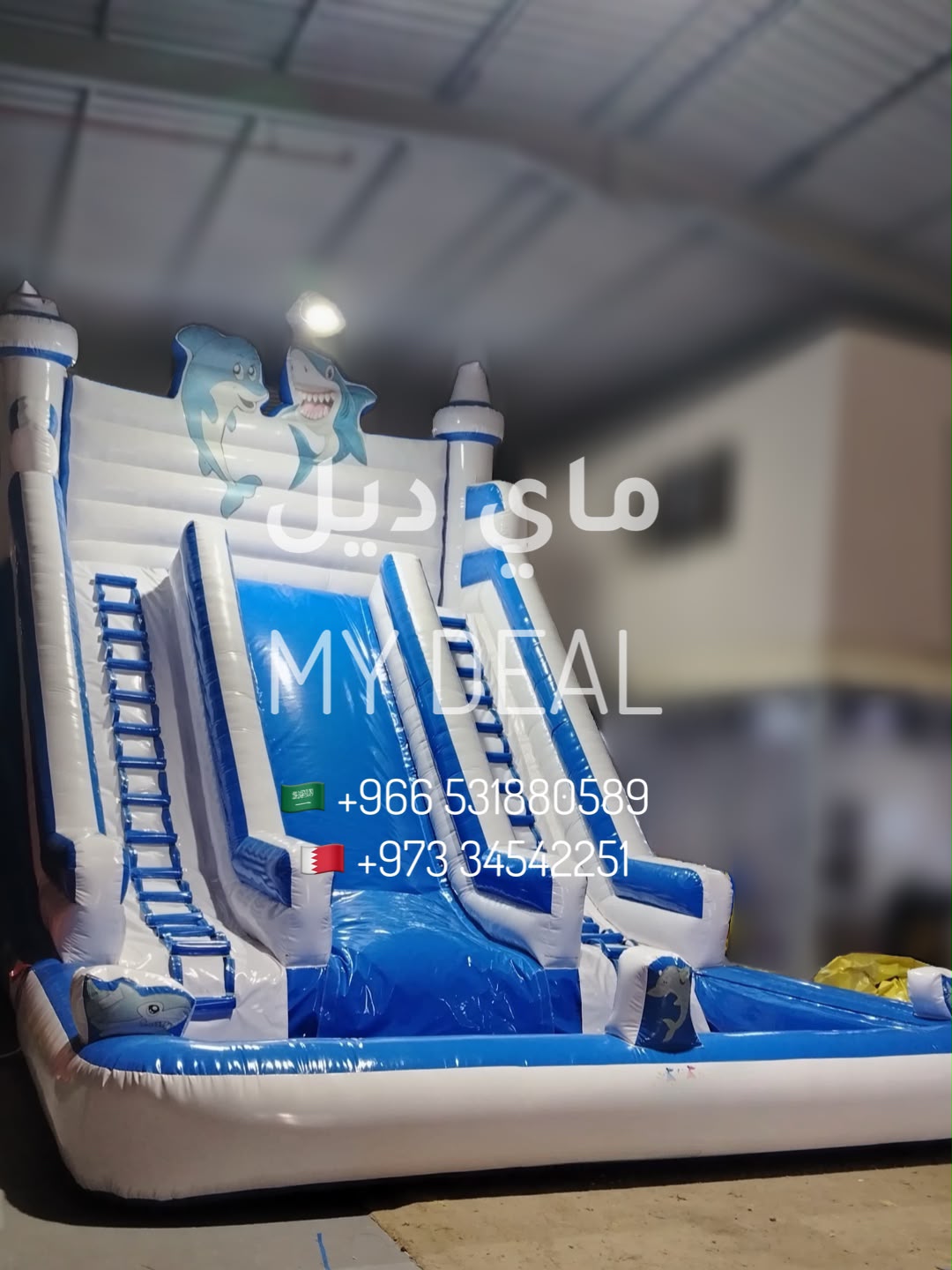 زحليقة مائية بشخصيات الدلفين مع مسبح وسلمين يمين ويسار | مقاس 8 × 5.25 × 7 متر