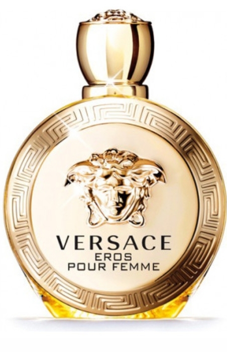 زجاجة عطر Versace Eros Pour Femme بتصميم ذهبي فاخر يحمل شعار ميدوسا – تجسيد للقوة والأنوثة الساحرة في عبوة واحدة.