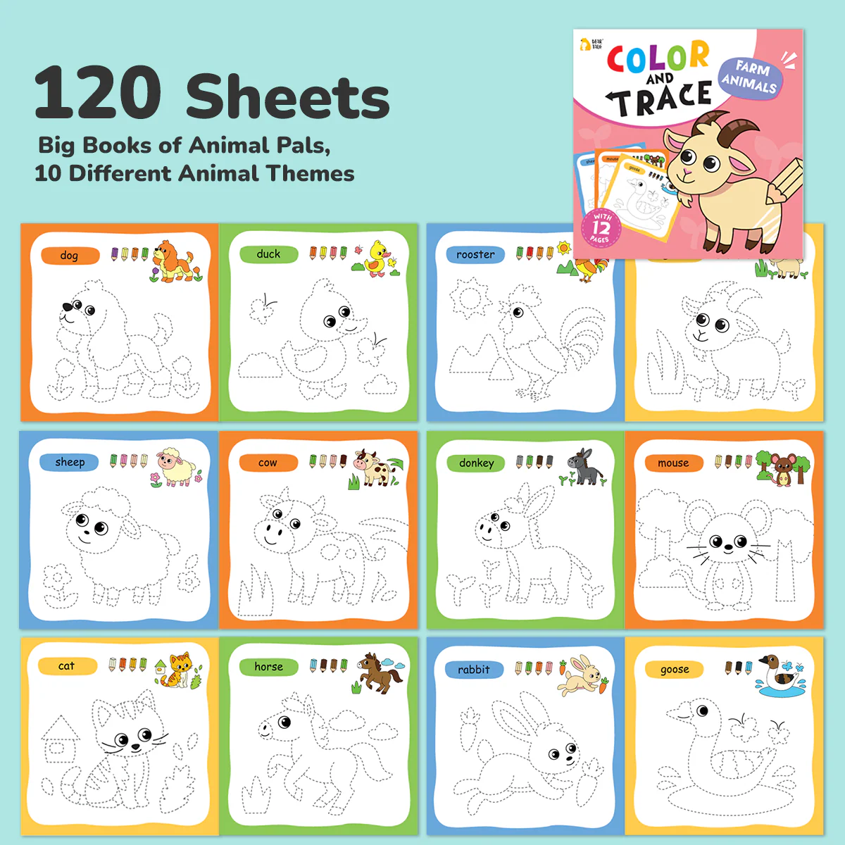  Color and Trace Coloring Book - Animals 