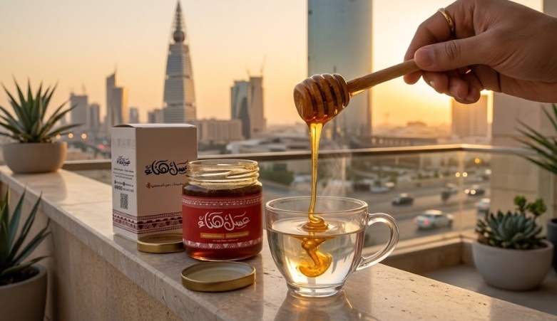 يد تغرف خلطة الذهب بملعقة خشبية — بجانبها كوب ماء دافئ وحبة سوداء