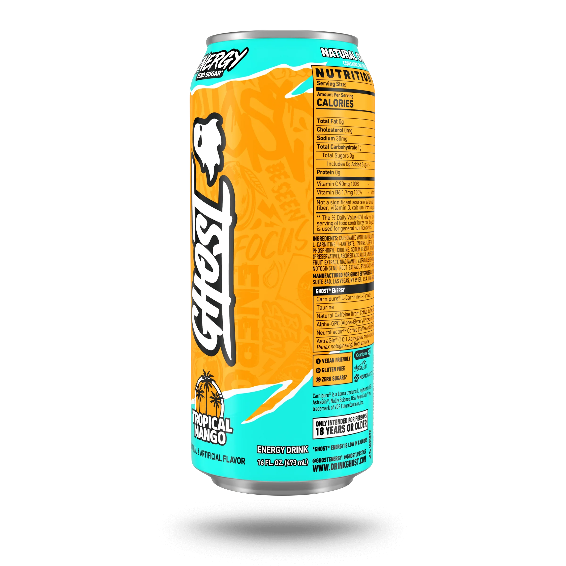 Ghost Energy Drink - 200mg Caffeine Sugar-Free - 473ml - Tropical Mango