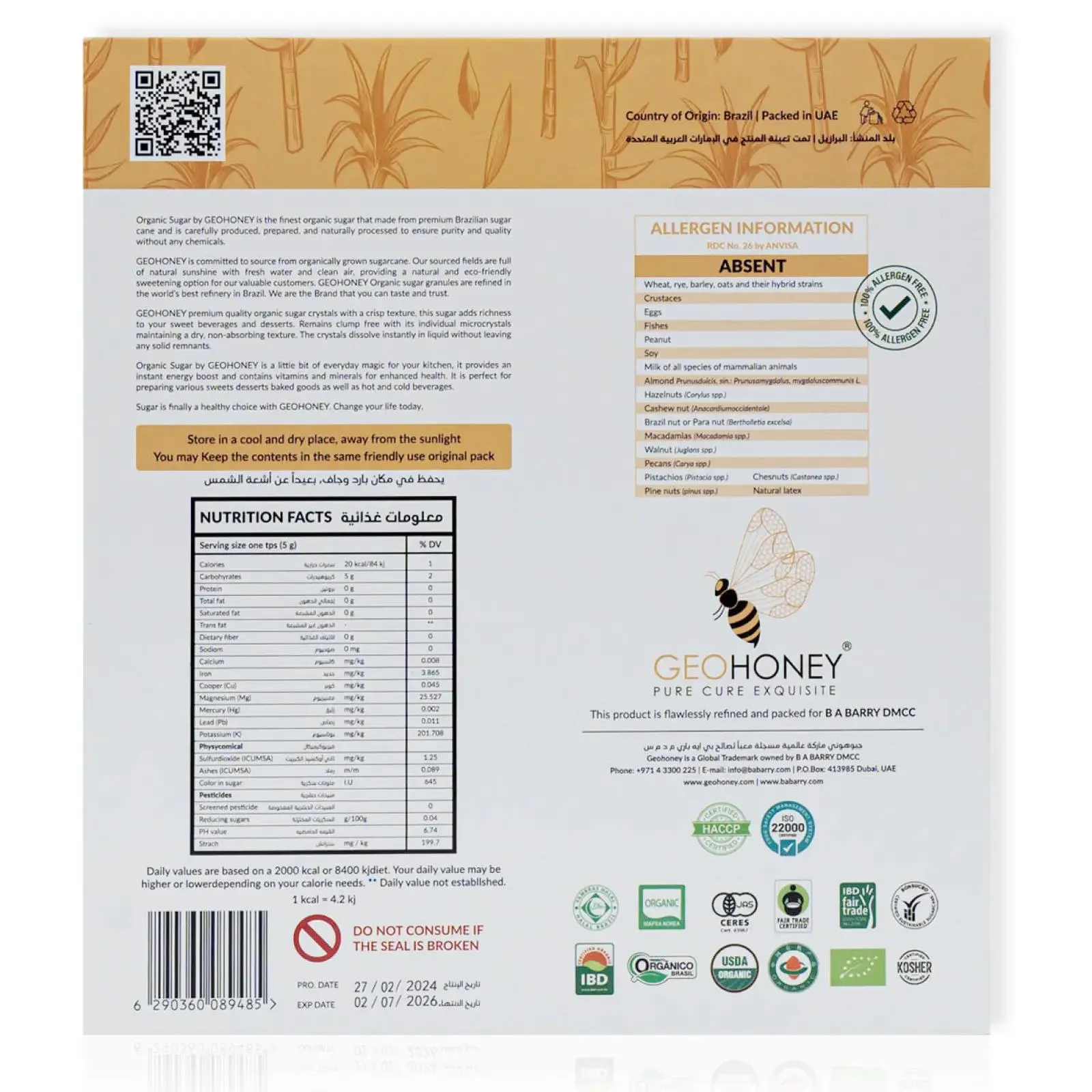  Organic Sugar by Geohoney - 4packs 100 Sachets