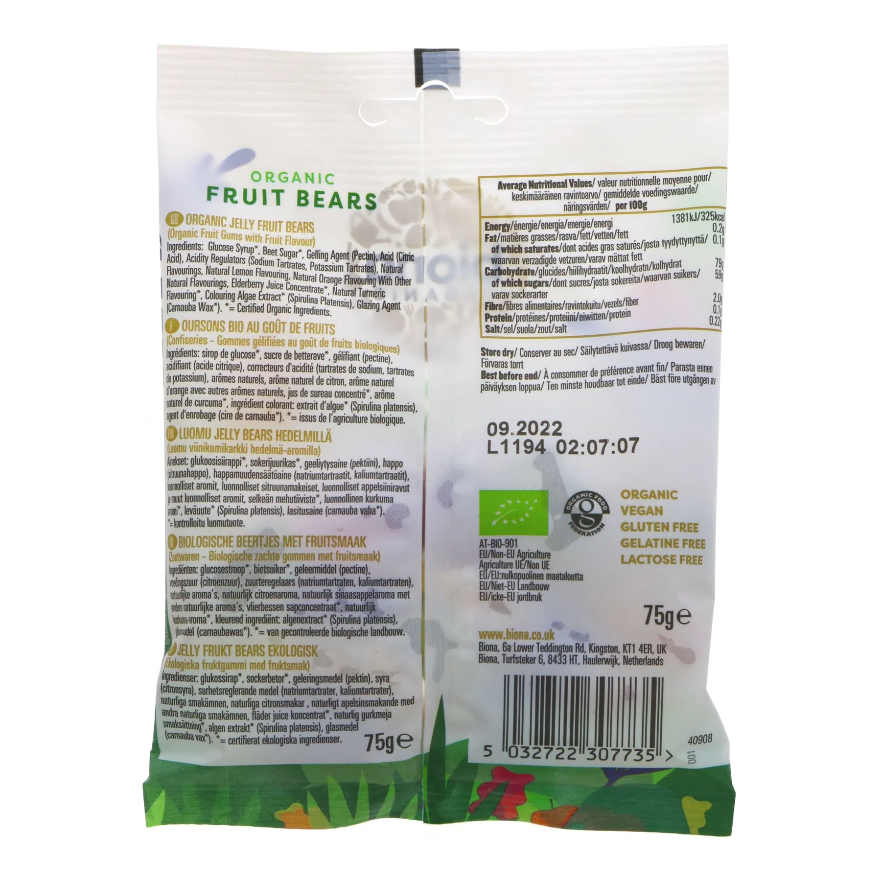 Biona Organic Mini Fruit Bears Sweets Gummies 75g