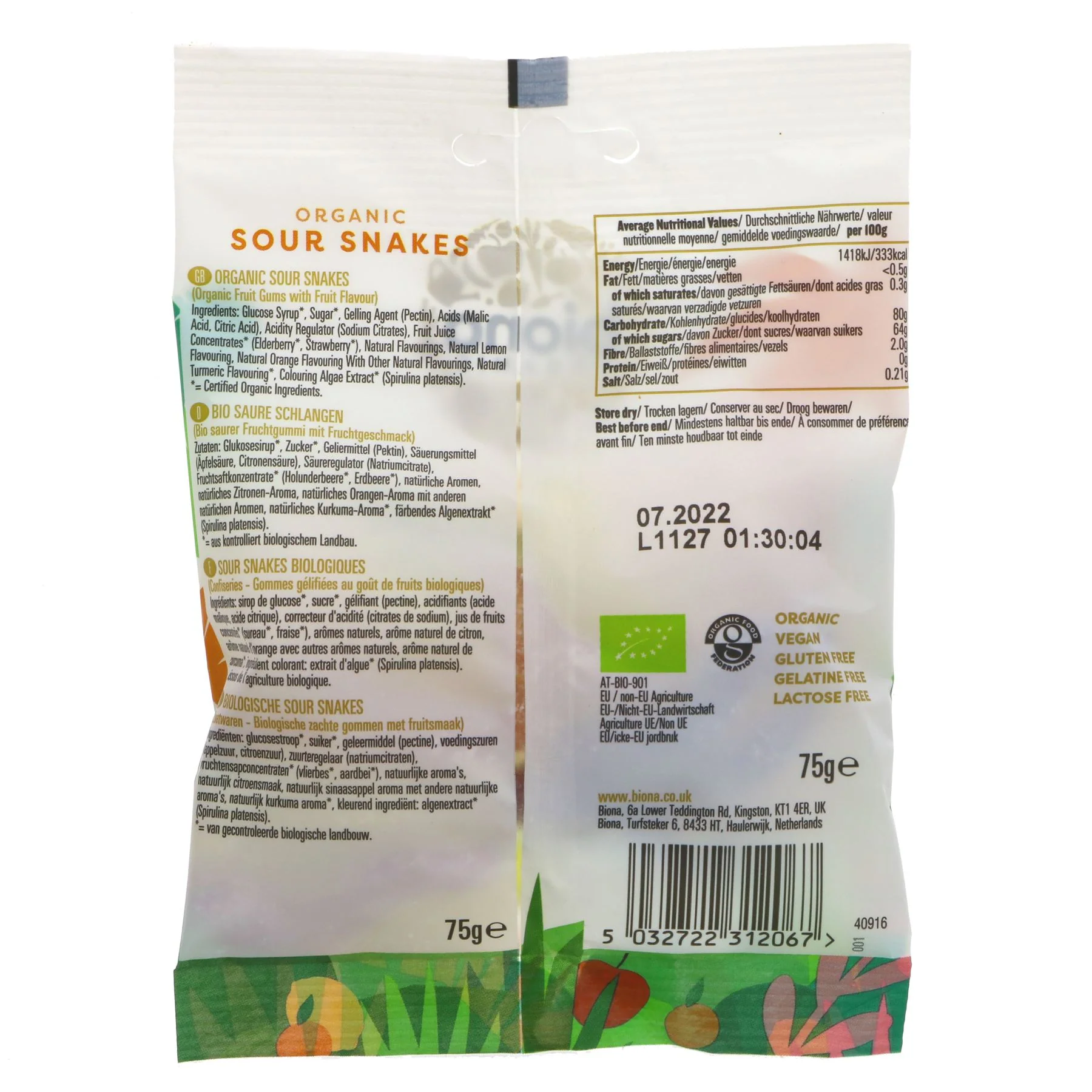 BIONA Organic Sour Snakes gummies 75g