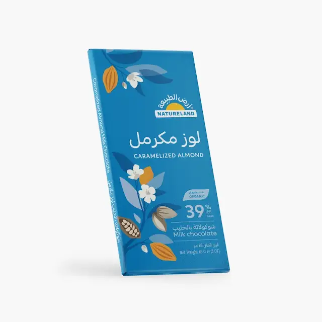 شوكولاتة بالحليب - لوز مكرمل 85جم عضوي ارض الطبيعة