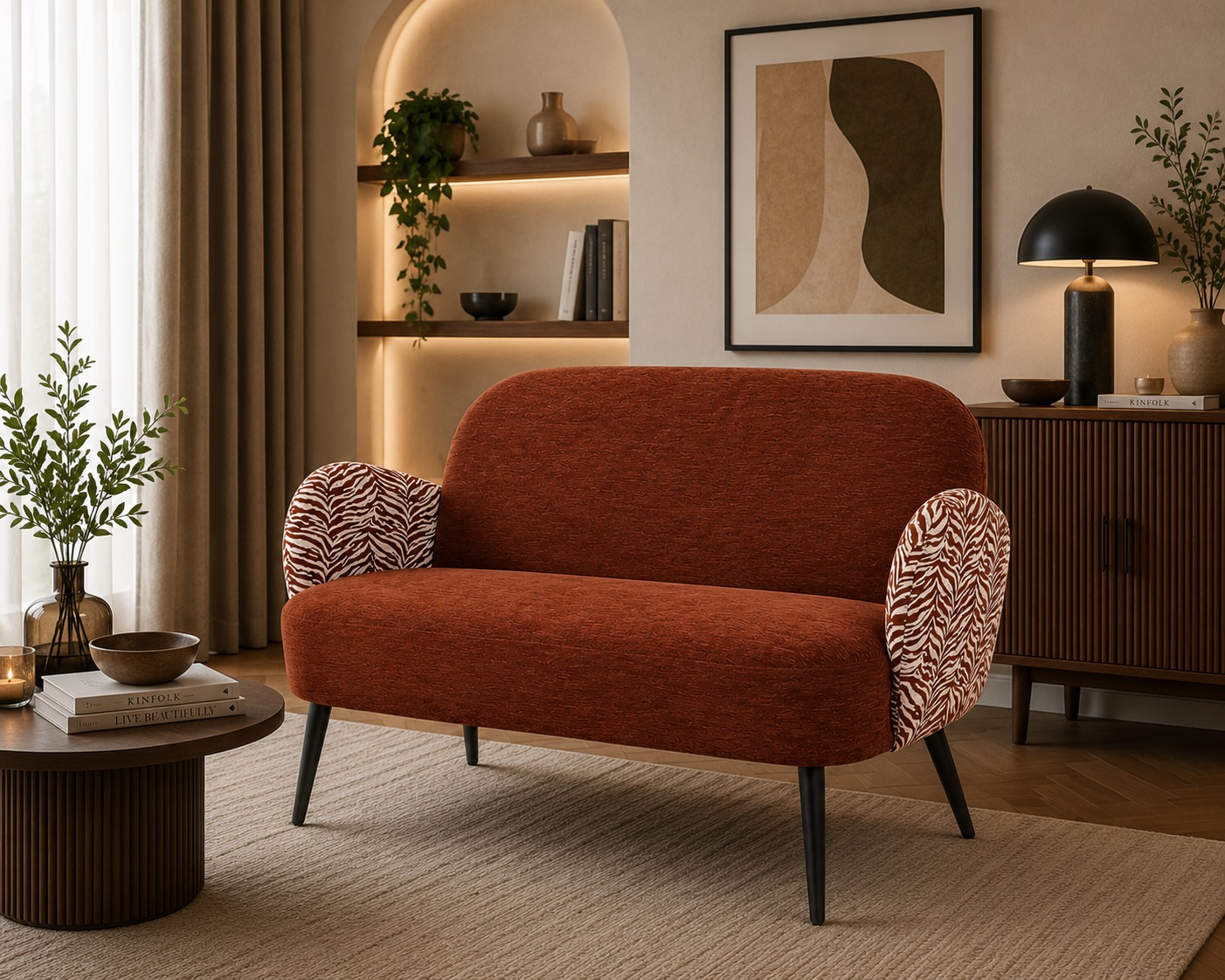  كنبة قماش فاخرة ثنائية بتصميم مودرن أنيق بقياس 132×74×80 سم – أريكة مريحة بظهر منحني وأذرع جانبية مزخرفة تناسب غرف المعيشة والاستقبال العصرية 
