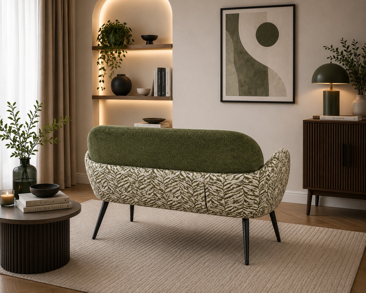  كنبة قماش فاخرة ثنائية بتصميم مودرن أنيق بقياس 132×74×80 سم – أريكة مريحة بظهر منحني وأذرع جانبية مزخرفة تناسب غرف المعيشة والاستقبال العصرية 