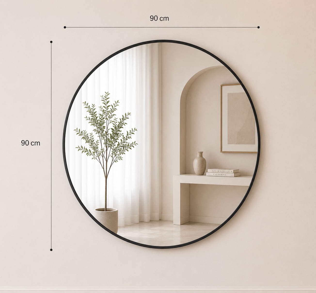  مرآة حائط دائرية فاخرة 90×90 سم بتصميم عصري أنيق – مرآة ديكور مودرن للمدخل وغرفة المعيشة وغرف النوم والصالونات 