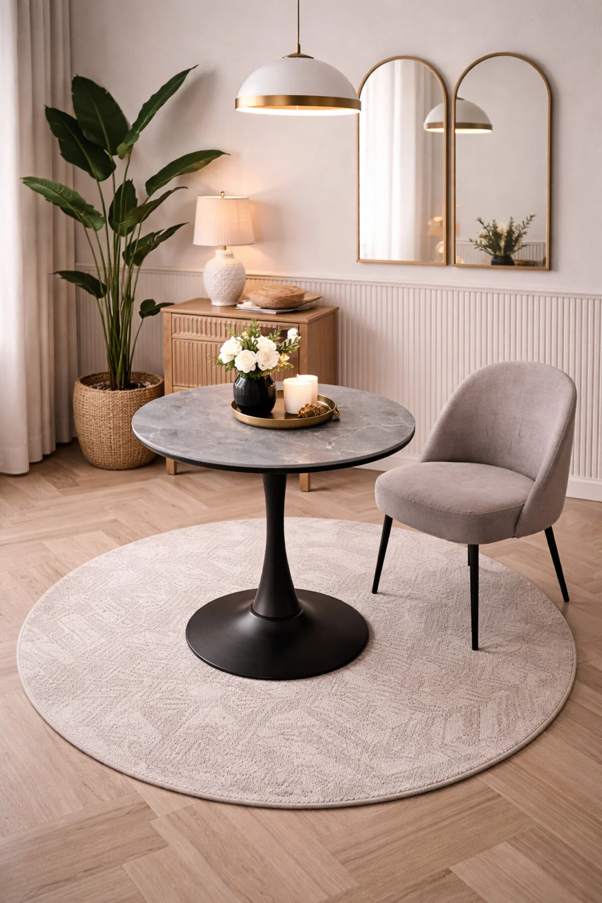  طاولة عصرية دائرية بسطح سيراميك وقاعدة معدنية بتصميم مركزي أنيق للمنازل والمكاتب والمقاهي – قطر 70 سم وارتفاع 75 سم 