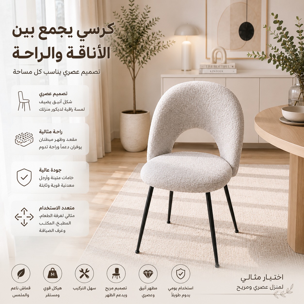  كرسي طعام مودرن بتصميم دائري فاخر مع مقعد وظهر مبطنين وقاعدة معدنية متينة – ارتفاع 78 سم × العرض 58 سم × العمق 56 سم × ارتفاع المقعد 47 سم – مثالي لغرفة الطعام والمطاعم والكافيهات والمكاتب والديكورات العصرية 