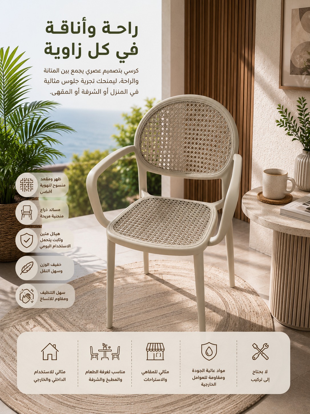  نسخة من كرسي راتان مودرن مع مساند ذراعين بتصميم شبكي أنيق وهيكل متين للاستخدام الداخلي والخارجي 